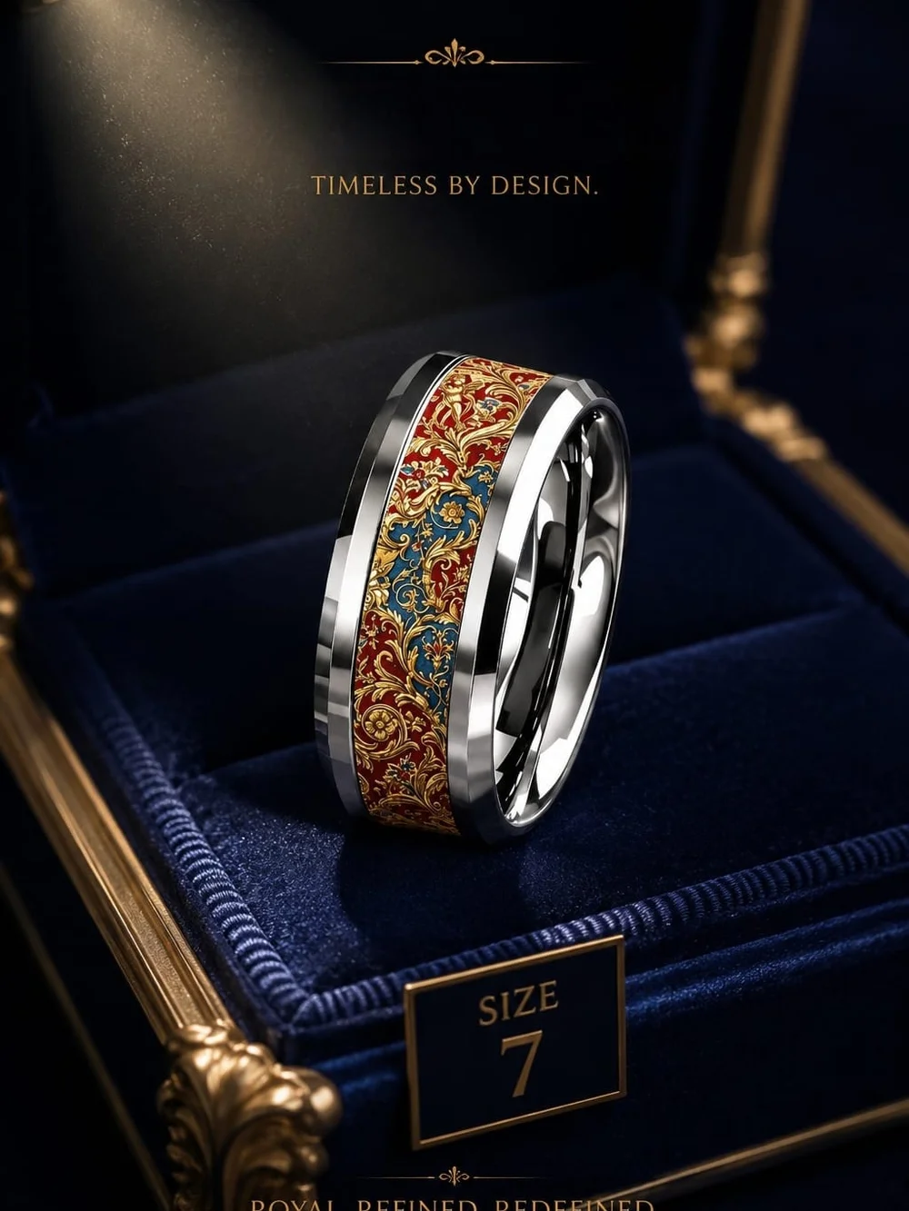 Unisex Red & Blue Ornate Stainless Steel Ring - Luxury Design